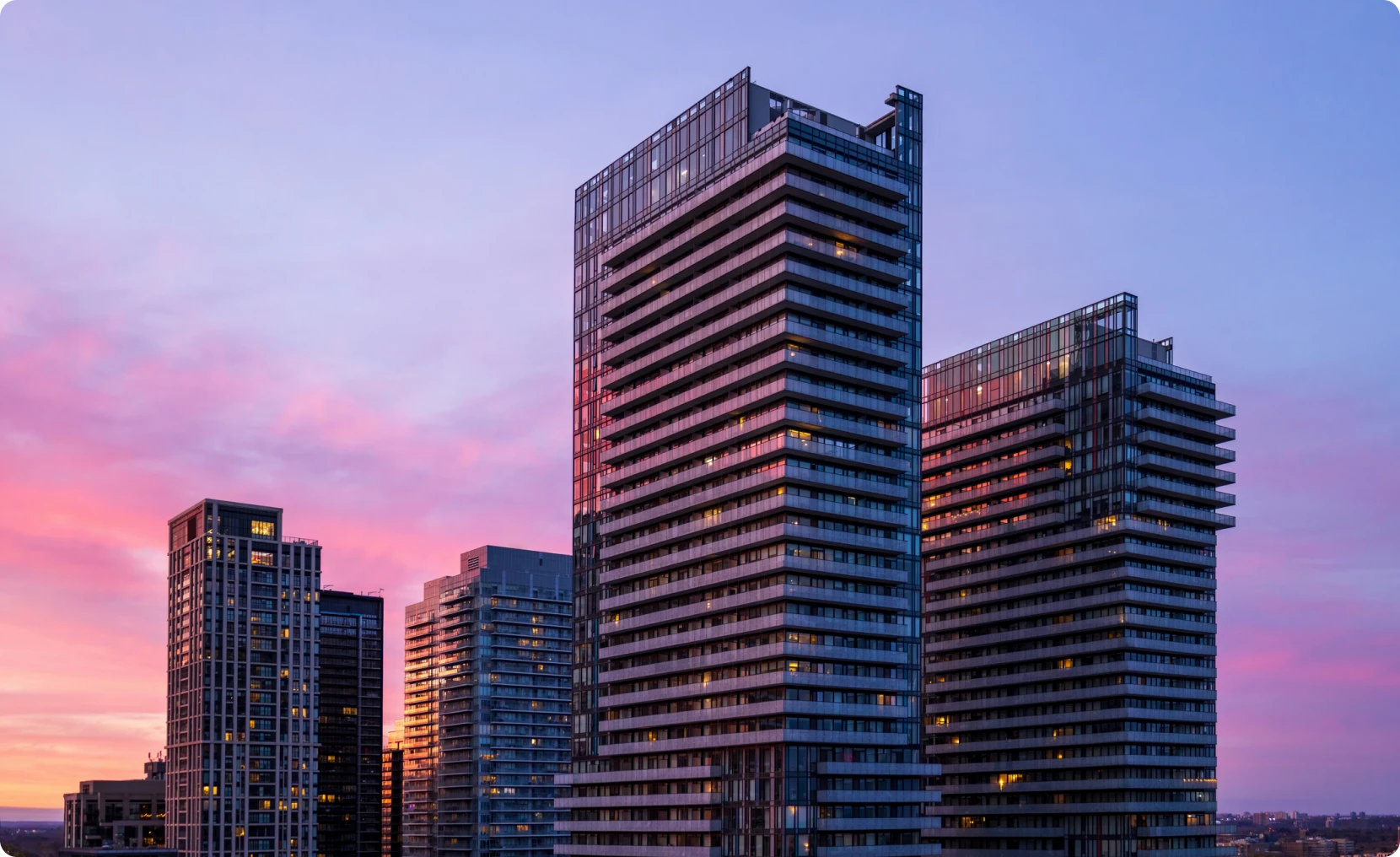 Urban skyline with colorful evening backdrop