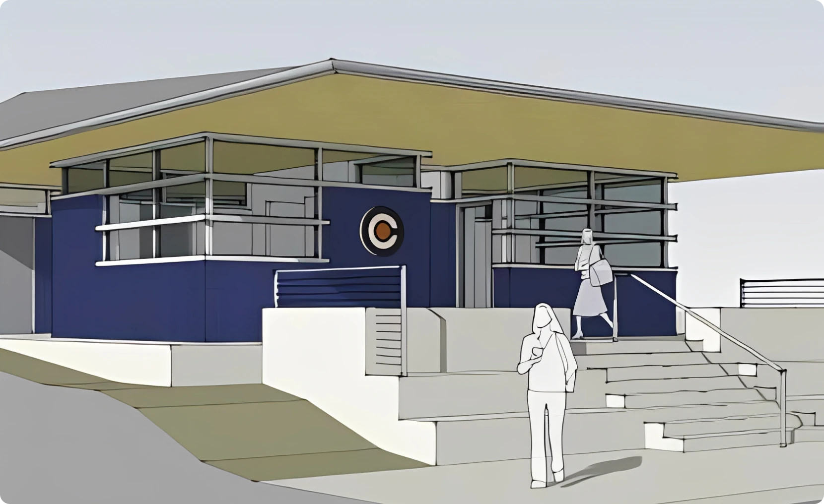 Modern building with stairs and people